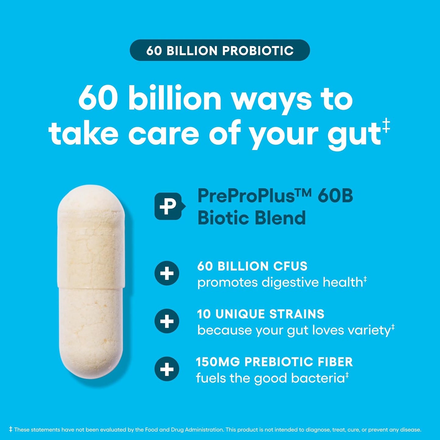 Probiotics 60 Billion CFU - 10 Strains + Organic Prebiotics - Immune, Digestive & Gut Health - Supports Occasional Constipation, Diarrhea, Gas & Bloating - for Women & Men - 30Ct