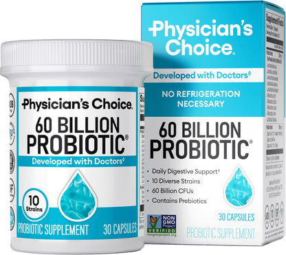 Probiotics 60 Billion CFU - 10 Strains + Organic Prebiotics - Immune, Digestive & Gut Health - Supports Occasional Constipation, Diarrhea, Gas & Bloating - for Women & Men - 30Ct